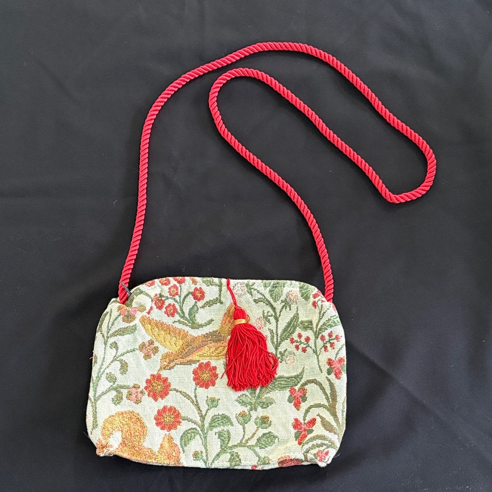 New Floral Tapestry Crossbody Bag with Red Accents